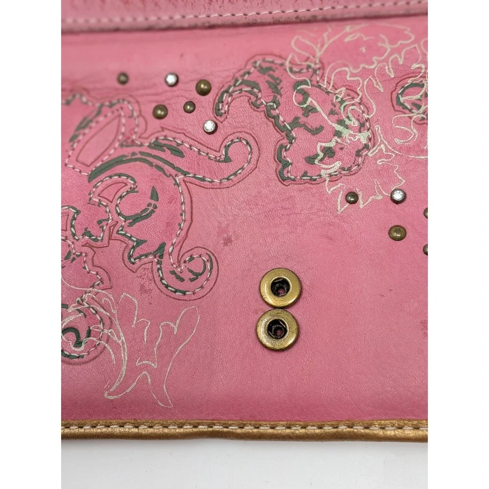 Fossil Pink Floral Leather Checkbook Wallet Boho Embroidered Studded Organizer